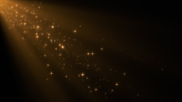 golden shiny stars glitter and particles corner falling and light flare , abstract gold new year and christmas stream, social media background