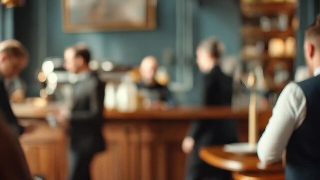 Bar Scene with Patrons: A softly focused image depicts a vintage-style bar with patrons mingling and being served, evoking an atmosphere of relaxed social interaction.