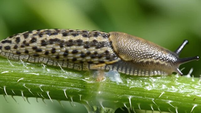 Leopard slug slowly moving across a green plant stem in a garden habitat captures the detail of the patterned mollusk in its natural environment