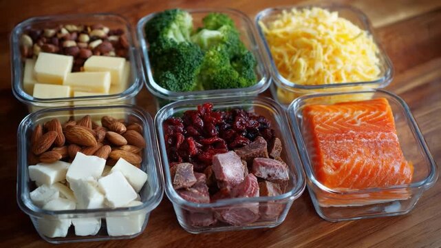 Healthy Meal Prep Containers: Six glass containers filled with portioned ingredients for healthy meals, including nuts, cheese, broccoli, shredded cheese, dried fruit, meat, and salmon.