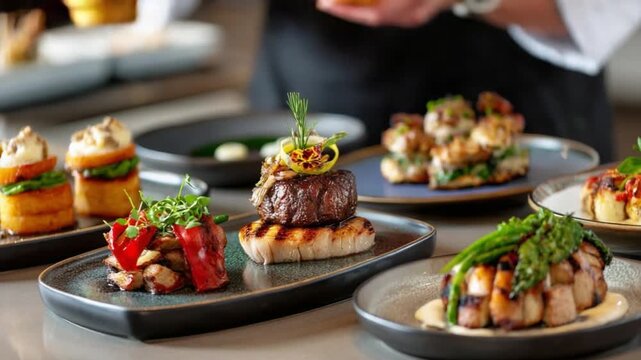 Gourmet Delights: A beautifully arranged spread of exquisite culinary creations, featuring rich meats, vibrant vegetables, and delicate garnishes, promises an unforgettable dining experience.