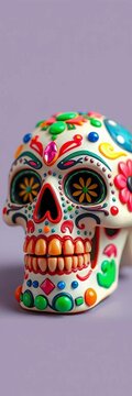 Grinning sugar skull decorated with colorful patterns and gems, decoration, fiesta