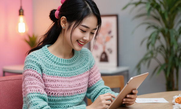 Asian woman designer using digital tablet to create crochet patterns while wearing a handmade pink and teal sweater in a studio