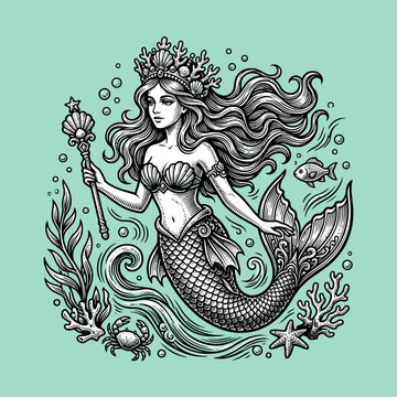 Vintage engraving of a beautiful queen underwater