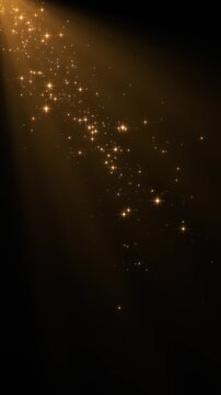 golden shiny stars glitter and particles corner falling and light flare animation, abstract gold new year and christmas stream, vertical social media motion background