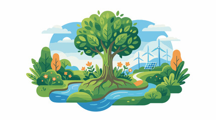 Fototapeta premium Lush green landscape with tree river wind turbines and solar panels