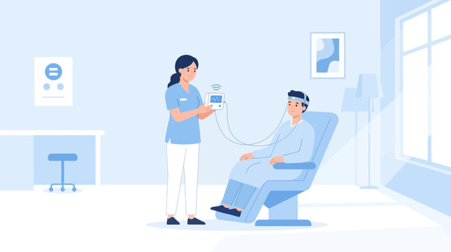 Medical Test: Nurse Monitoring Patient with EEG Headset in Clinic