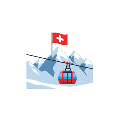 Elegant vector composition celebrates Swiss National Day with edelweiss flowers and a Swiss cross on a gondola lift against majestic mountains. © creative vita