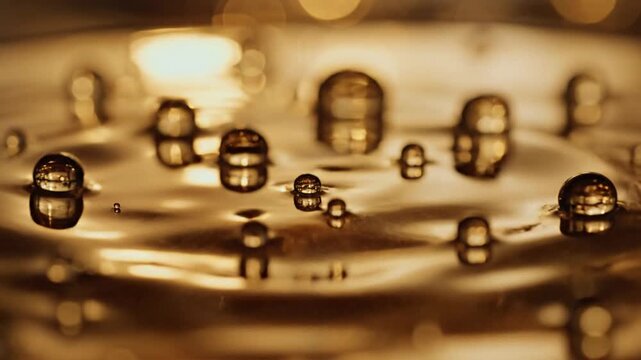 Macro water droplets on reflective golden surface.