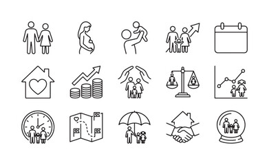 Fototapeta premium Family and Social Protection Line Icons Set, a comprehensive vector collection depicting family growth, financial security, legal rights, and community support