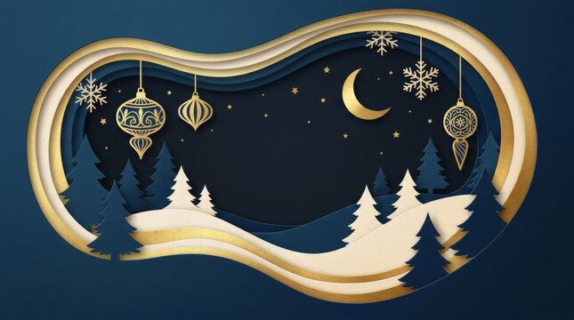 Christmas winter landscape with hanging ornaments and pine trees at night