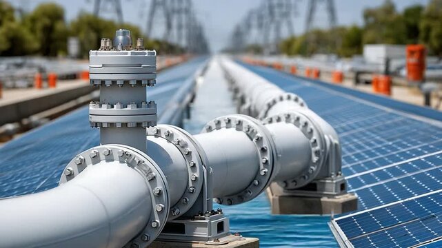 Pipeline and Solar Power Generation: A long pipeline system runs parallel to an array of solar panels, illustrating the intersection of traditional energy infrastructure and renewable energy sources.