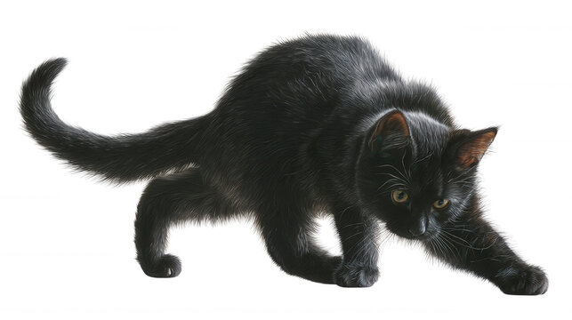 Black domestic cat with sleek fur and bright eyes walking carefully