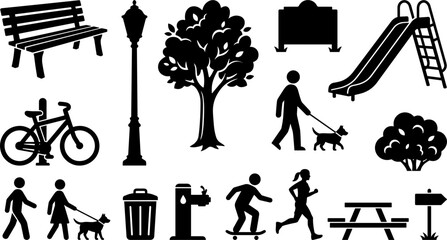 Public Park and Outdoor Recreation Black Silhouette Icon Set Featuring Trees, Benches, Playground Slide, People Walking Dogs, and Activities Vector Illustration © Mdsumon