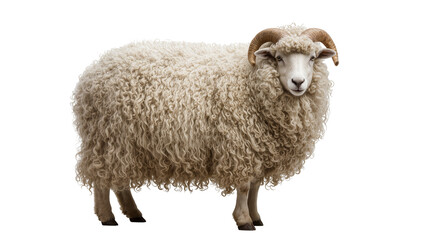 Isolated sturdy ram with long curved horns and dense, curly wool, standing upright © Andrei