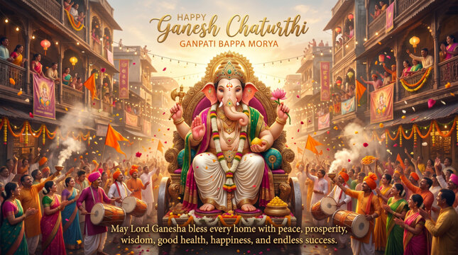 Lord Ganesha Idol Leading Joyful Ganesh Chaturthi Street Procession with Devotees Festival Greeting Banner