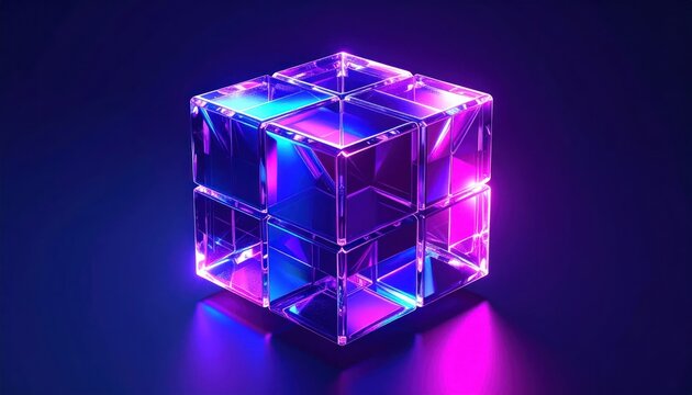 Glowing purple neon 3D crystal cube with grid pattern.