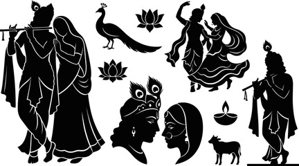 Lord Radha Krishna Black Silhouette Vector Set Featuring Flute Playing, Traditional Dancing, Peacock, Lotus Flowers, Cow, and Indian Devotional Elements Design © Mdsumon