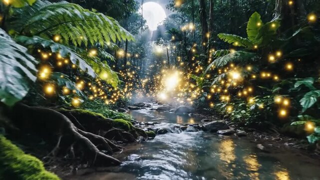 Nighttime tropical rainforest landscape with a flowing river stream, lush green ferns, and numerous glowing golden fireflies reflecting in the water surface and foliage.