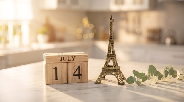 Wooden Calendar Showing July 14 with Eiffel Tower Figurine for Bastille Day