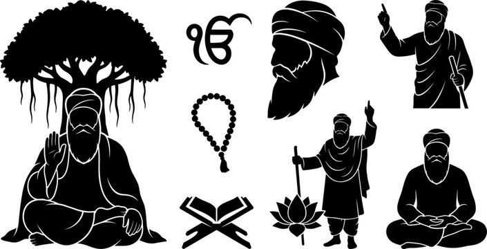 Guru Nanak Dev Ji Black Silhouette Set Featuring Sikhism Symbols, Ik Onkar, Holy Book, Meditation Under Banyan Tree, and Devotional Icons Vector Illustration