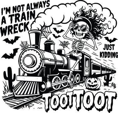 Adobe IllustraSpooky Skeleton Driving Steam Train Vector Illustration Funny Quote I'm Not Always a Train Wreck Just Kidding Toot Toot Halloween Pumpkin Bats Spiderweb T-Shirt Graphic Sticketor Artwork