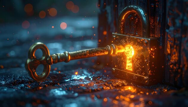 Glowing vintage key opening a secure heavy padlock.
