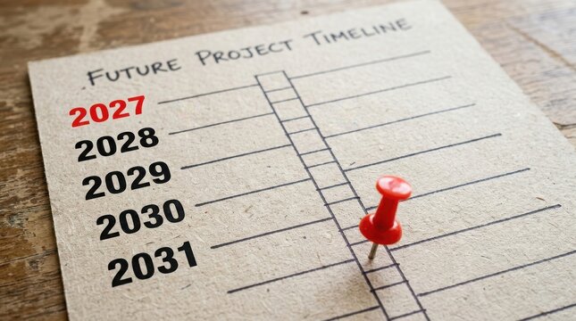 Future project timeline chart with years 2027 to 2031 and a red push pin on textured paper