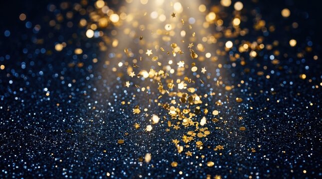 Golden star confetti falling on a dark blue glittering surface with soft light beams