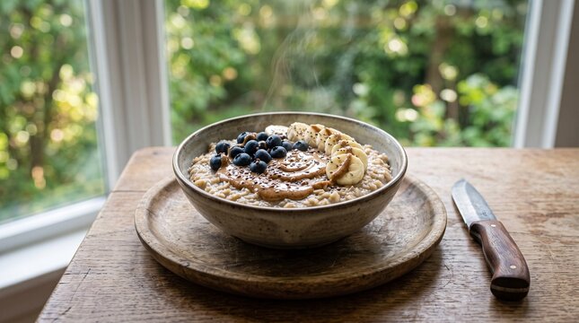 A rustic bowl of healthy oatmeal topped with fresh blueberries and sliced bananas.