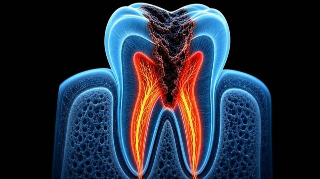 Medical 3D animation showing the progression of tooth decay and cavity infection reaching the root canal pulp.