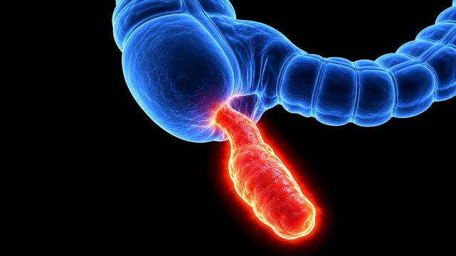 3D medical animation of appendix inflammation progressing to acute red appendicitis