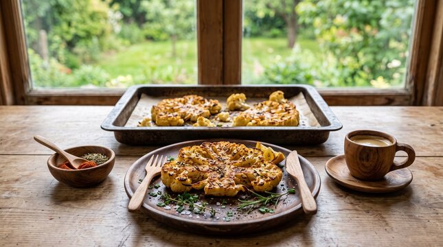 Roasted cauliflower steaks served on a rustic wooden table with coffee and spices.
