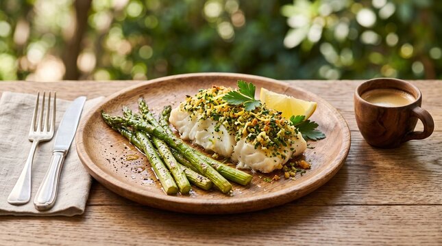 A delicious gourmet fish fillet with herb crust and roasted asparagus served on a wooden plate.