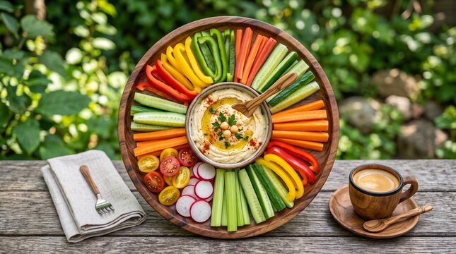 Fresh colorful vegetable platter with hummus dip served on a wooden board outdoors.