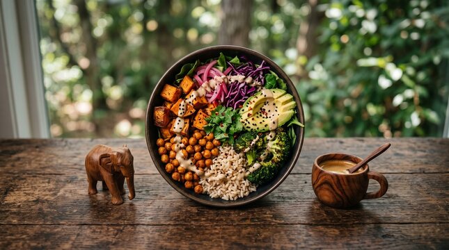 A healthy vegan buddha bowl with roasted sweet potatoes chickpeas avocado and fresh vegetables on a rustic wooden table.