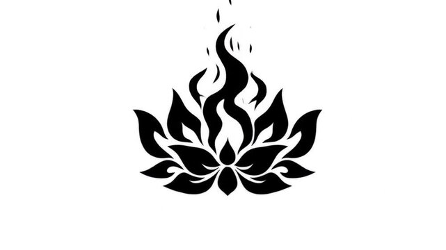 Stylized black lotus flower symbol with flames on white background