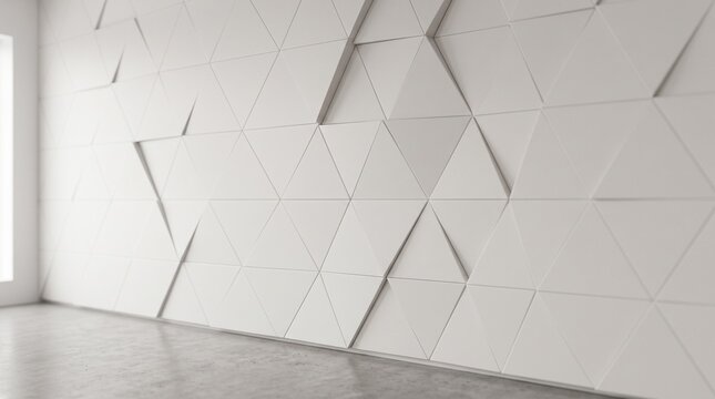 Modern white interior wall with geometric triangle pattern and soft natural light from the side window