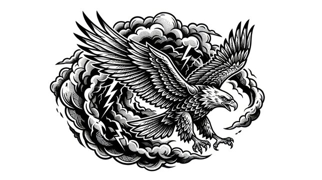 Black and white illustration of a majestic eagle flying through stormy clouds with lightning bolts.