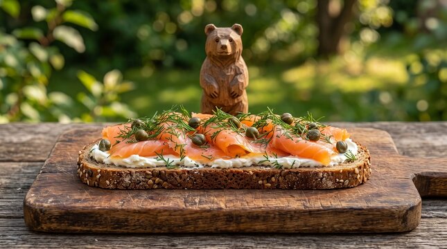 A delicious slice of rye bread topped with smoked salmon and a cute bear figurine.