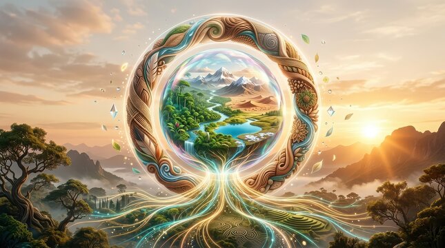 Tree of life portal with vibrant nature scene and roots spreading outwards circle landscape