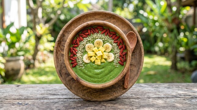Healthy green smoothie bowl topped with fresh mango banana and goji berries in a wooden bowl.