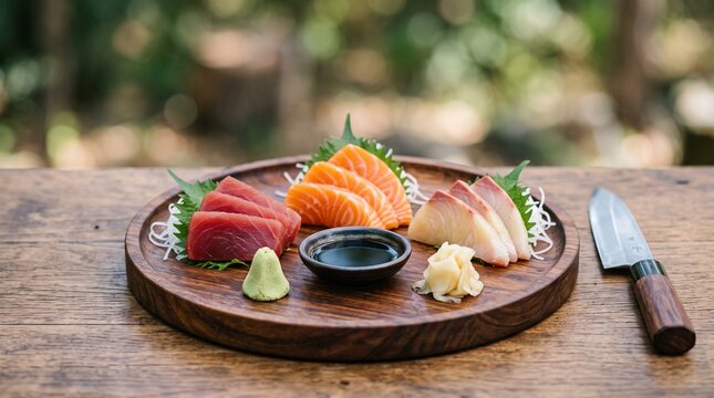 Fresh assorted sashimi platter served on a wooden plate with soy sauce and wasabi.