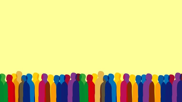 Animation group of people silhouette stand together in vibrant color scheme.