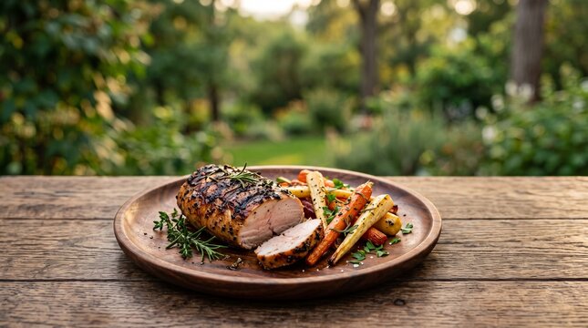 Grilled pork tenderloin served with roasted root vegetables on a wooden plate outdoors.