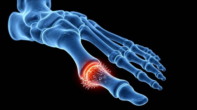 3D medical animation of gout arthritis showing uric acid crystal formation on a human foot skeleton big toe joint.