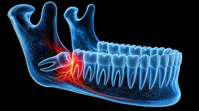 3D medical illustration of an impacted wisdom tooth causing nerve pain in a human lower jaw.