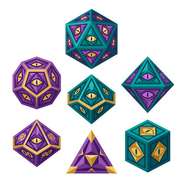 Mystical polyhedral dice set featuring creepy monster eyes