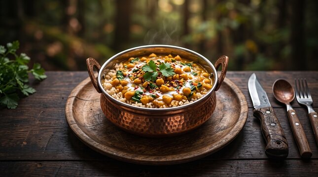 A delicious bowl of hot chickpea curry served in a traditional copper pot on a wooden table.