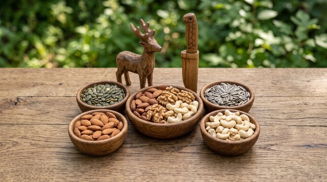 Assorted healthy nuts and seeds in wooden bowls with rustic carved decorations on a wooden table.